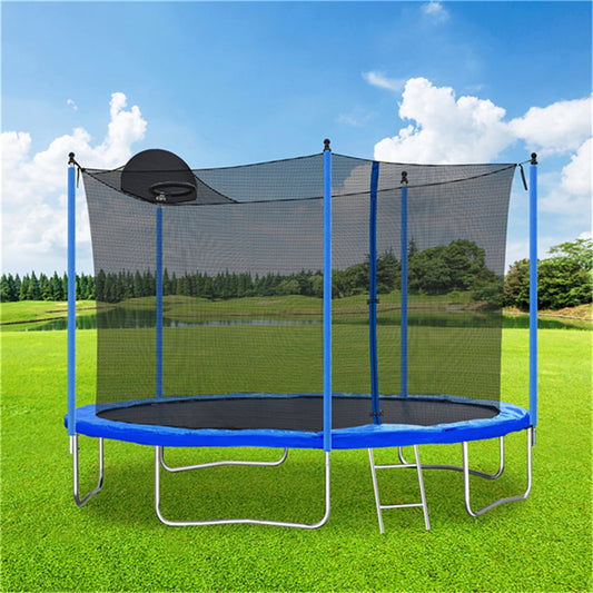 12 FT Round Trampoline, Outdoor Trampoline with Safety Enclosure Net, Basketball Hoop and Ladder, Easy Assembly and High Stability Recreational Trampoline Perfect for Family Outdoor Activities, Blue